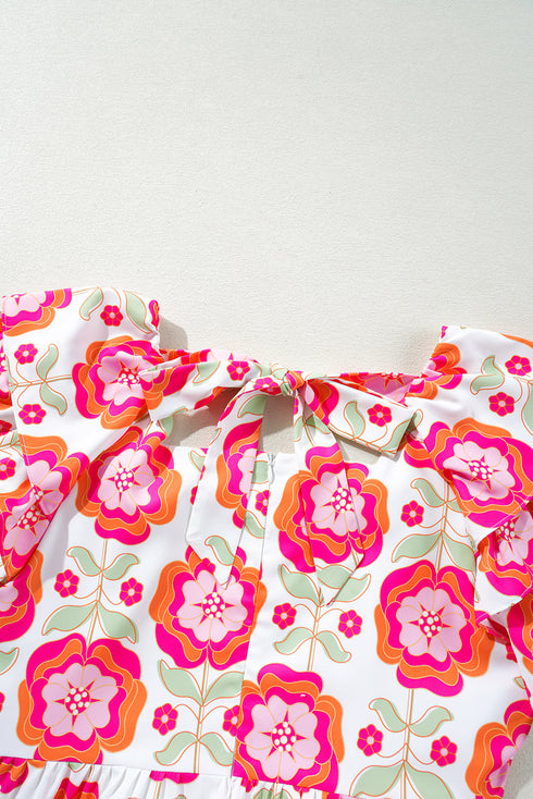 Retro Floral Print Square Neck Flutter Sleeve A Line Mini Dress